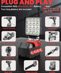 Rugged Portable LED Work Light With Milwaukee Battery Compatibility 112W 11200LM Flood Light on a red background with tool visuals.
