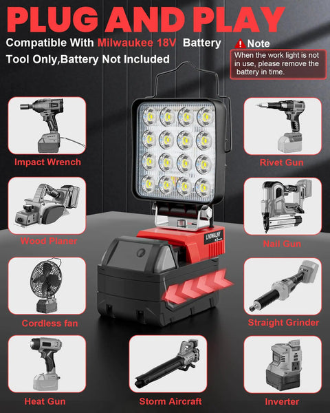 Rugged Portable LED Work Light With Milwaukee Battery Compatibility 112W 11200LM Flood Light on a red background with tool visuals.