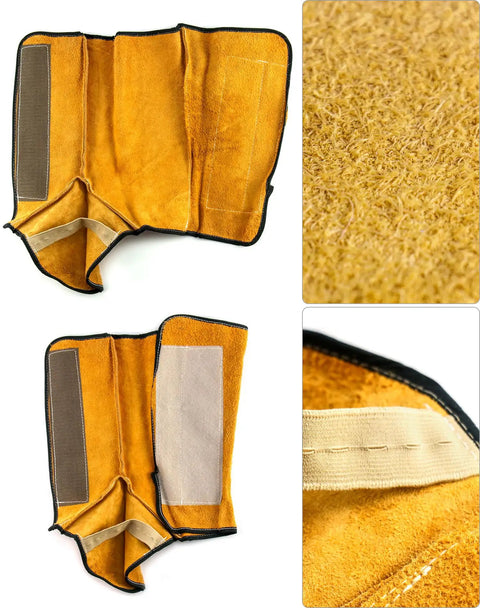 Leather Welding Hood Caps With Neck Drapes And Fireproof Shoe Covers, premium split cow leather texture and stitching detail.