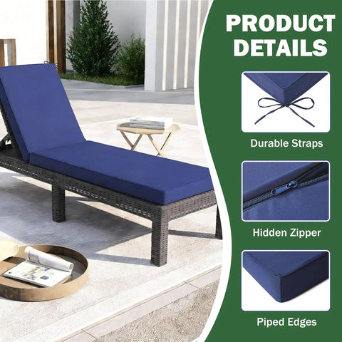 Outdoor Chaise Lounge Cushions Navy Blue Waterproof And Fade Resistant With Easy Care Removable Cover And Ties on chair.
