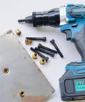 Cordless Rivet Nut Gun With Rechargeable 5.0Ah Battery Powers Through Metric Nutserts M4 To M10 Using Auto And Manual Settings Plus Memory Function For A No Sweat Heavy Duty Install Anywhere with inserts and screws.