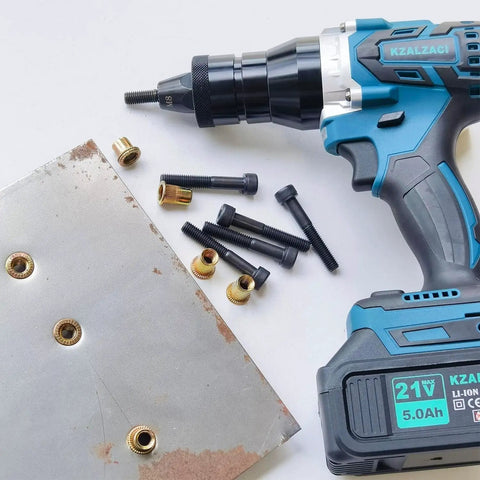 Cordless Rivet Nut Gun With Rechargeable 5.0Ah Battery Powers Through Metric Nutserts M4 To M10 Using Auto And Manual Settings Plus Memory Function For A No Sweat Heavy Duty Install Anywhere with inserts and screws.