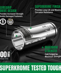 One Quarter Inch Drive Socket Set With 216 Piece Quick Release Ratchet, shown with SuperKrome finish and strength details on a dark surface.