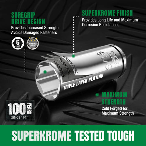 One Quarter Inch Drive Socket Set With 216 Piece Quick Release Ratchet, shown with SuperKrome finish and strength details on a dark surface.