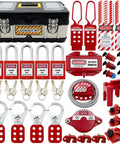 Lockout Tagout Kit With Clamp On Circuit Breaker Locks, Group Lockout Hasps, Safety Tags, Universal Multi Pole Breaker Lockout, And Portable Steel Tool Box For OSHA Compliant Lockout Procedures displayed.