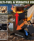 Rocket Stove For Camping And Outdoor Cooking Portable Wood Burning Stove With Storage Bag 15 Inch High Efficiency Outdoor Stove For Backyard BBQs Picnics And Events Heavy Duty 8.8 Lb in use with firewood and pot.