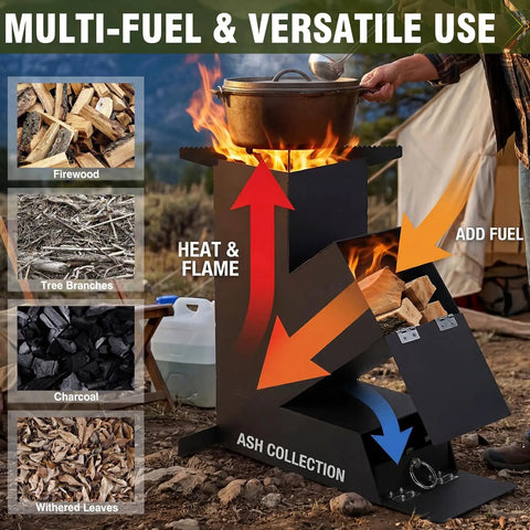 Rocket Stove For Camping And Outdoor Cooking Portable Wood Burning Stove With Storage Bag 15 Inch High Efficiency Outdoor Stove For Backyard BBQs Picnics And Events Heavy Duty 8.8 Lb in use with firewood and pot.
