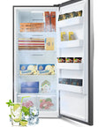 Inside view of Built Different 18 Cu Ft Upright Freezer And Convertible Fridge With Tempered Glass Shelves stacked with various frozen foods.
