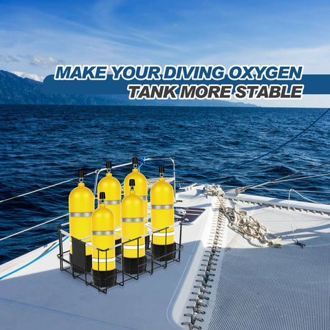 Six Tank Scuba Cylinder Holder Storage Rack With Cushioned Sleeves Prevents Damage For Safe Transport on a boat deck