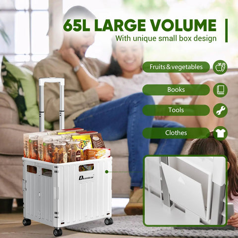 Heavy Duty Folding Utility Cart With 65L Capacity, Grab N Go Portable Rolling Tote, shown in living room with items inside lid