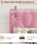 Chic Pink Twin Bed Frame With Plush Upholstered Headboard And Heavy Duty Platform Base Featuring Tough Wooden Slats For Zero Creak Nights Set Up In A Flash No Box Spring Needed For A Cozy Room Glow Up adjustable height headboard options 11 to 14 inches with decorative cushions and teddy bear