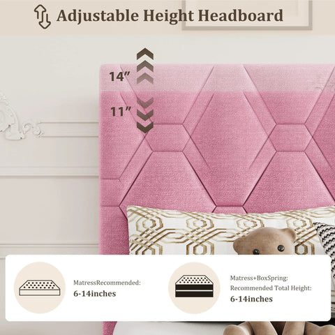 Chic Pink Twin Bed Frame With Plush Upholstered Headboard And Heavy Duty Platform Base Featuring Tough Wooden Slats For Zero Creak Nights Set Up In A Flash No Box Spring Needed For A Cozy Room Glow Up adjustable height headboard options 11 to 14 inches with decorative cushions and teddy bear