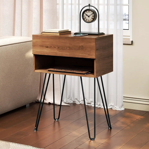 Wooden nightstand with Hairpin Table Legs 18 Inch Set Of 4 Solid Steel Heavy Duty Black, supporting books and a clock.