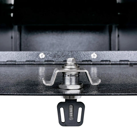 Close-up of chrome alloy tempered steel hook cam of Street Safe Locking Mailbox with Rear Access Door for Safe Mail and Parcels.