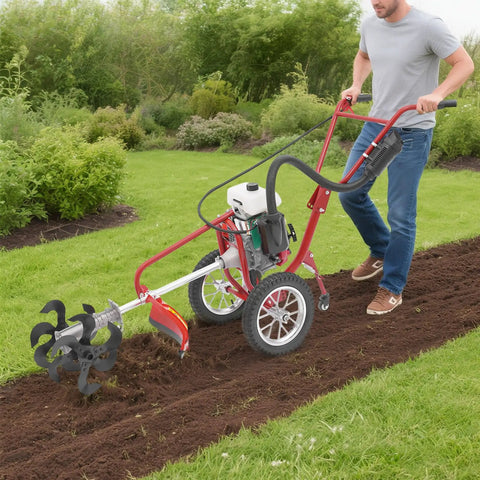 Person using 63Cc 4Hp Gas Powered Tiller Cultivator 3 In 1 Hand Push Micro Cultivator on garden soil with front spiral blades