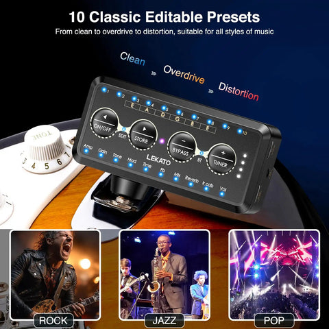 Compact Guitar Headphone Amp With Multi Effects, IR Loader, Tuner, Rechargeable Battery shown with guitar and music options.