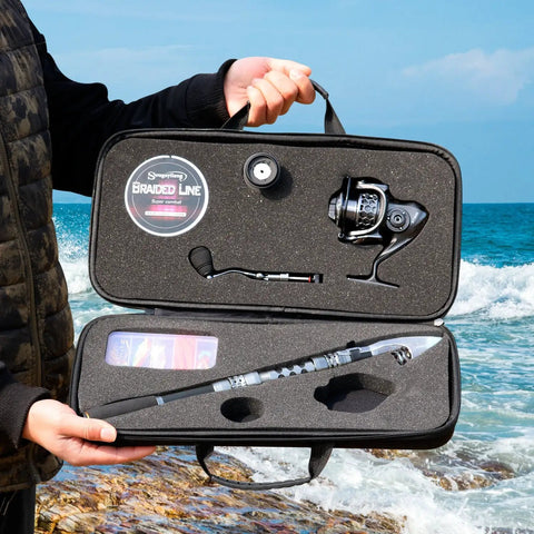 Person holding an open case with Travel Ready Telescopic Fishing Rod Combo With Spinning Reel And Carrier Bag Includes Lures And Line