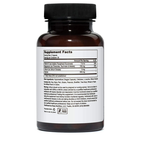 Back view of Brain Fuel Lithium Orotate 5mg And Tri Magnesium Threonate Complex With Taurinate Malate Glycine Vitamin E capsules