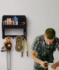 Wall Mount Power Tool Organizer Five Drill Holder Rack Heavy Duty Cordless Drill Storage Electric Drill Rack set on wall with tools and man working