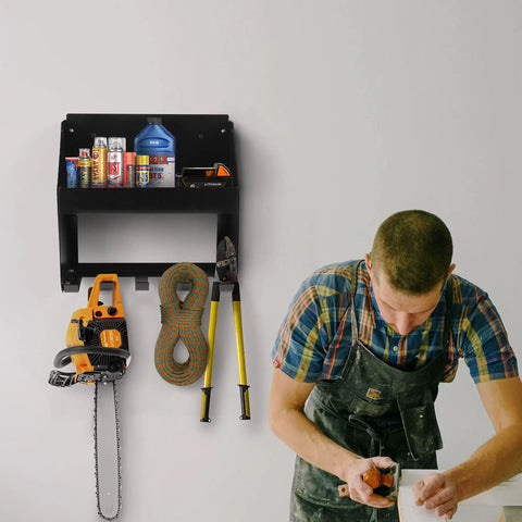 Wall Mount Power Tool Organizer Five Drill Holder Rack Heavy Duty Cordless Drill Storage Electric Drill Rack set on wall with tools and man working