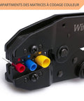 Close-up of ratcheting wire crimping tool for insulated connectors 22 to 10 AWG, showing color-coded jaws for precise crimping.