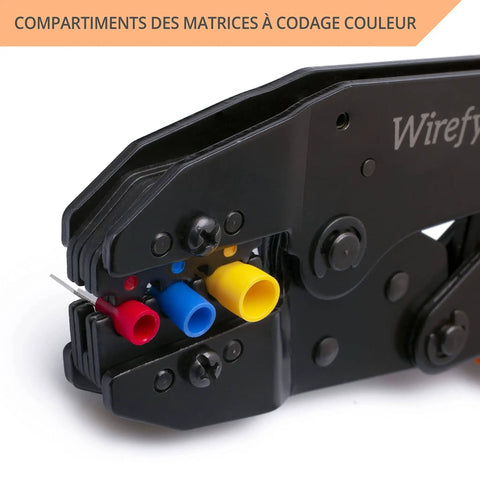 Close-up of ratcheting wire crimping tool for insulated connectors 22 to 10 AWG, showing color-coded jaws for precise crimping.