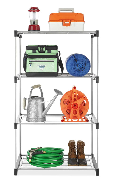 Four Tier Closet Tower Organizer Freestanding Storage Unit For Clothes And Shoes, metal frame with assorted items on shelves