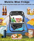 Backpack Stool Chair With Cooler All In One Heavy Duty Folding Seat displayed with food items, tent in background