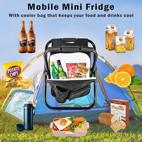 Backpack Stool Chair With Cooler All In One Heavy Duty Folding Seat displayed with food items, tent in background