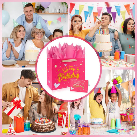 Collage with pink birthday gift bag with gold foil design, tissue paper, and greeting card, surrounded by party celebrations.