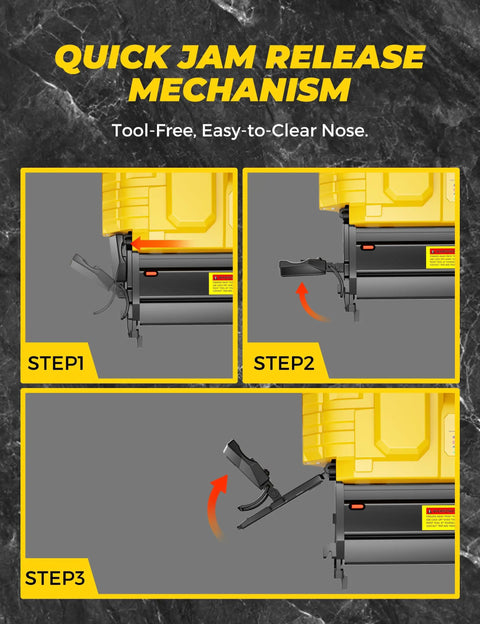 Quick jam release mechanism steps for Tough 18 Gauge Cordless Brad Nailer And Stapler Pair, tool-free, easy-to-clear nose.