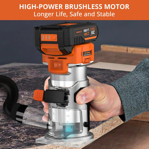 Cordless Wood Router With Brushless Motor, Six Speed Settings From Ten Thousand To Thirty Thousand RPM, 2.5Ah Battery, No-Cord Handy Pocket-Size Trimmer Tool With 1/4-Inch And 3/8-Inch Collets, Great For Detail Work And Cabinet Making. compact cordless wood router held in hand on a wood panel