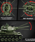 Top and side views of T34 RC Tank Replica With Dope Smoke And Lights, showing turret and barrel rotation angles.