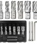Pro Edge 6pc annular cutter set, front view, magnetic drill press, 1/2–1-1/16 in dia, 1 in depth, in black case