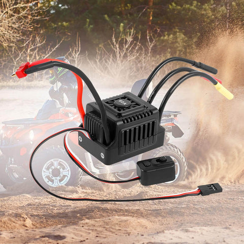 60A Waterproof Dustproof Brushless ESC With Sensorless Tech for 1/10 RC cars, T plug compatibility, on outdoor dusty trail.