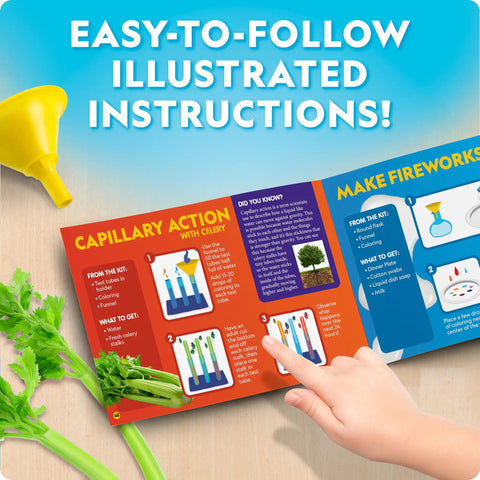 Child pointing at easy-to-follow illustrated instructions in Junior Chemistry Lab Kit For Kids Aged Four And Up With Fifty Hands On Experiments And Twenty Plus Lab Tools.