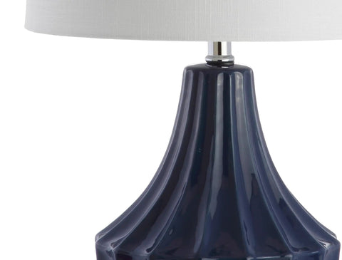Close-up of Navy Blue Ceramic Table Lamp 24.5 Inch For Bedroom And Living Room with fluted gourd base and white linen drum shade.