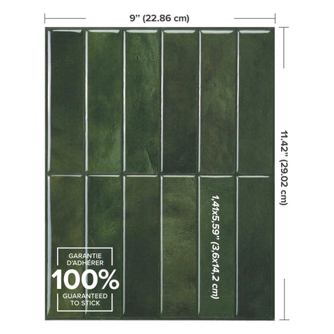 Peel And Stick Backsplash Tile Set, 5 Sheets Of 11.43 X 9 Inches, 3D Adhesive, No Glue Needed, Quick Install For Kitchen And Bathroom, Sefrou Green Finish, showing tile size and dimensions.