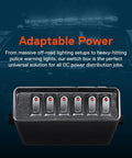 6 Gang 12V Rocker Switch Box with 40 Amp Max, heavy duty aluminum, and 12 AWG wiring shown against vehicle background.