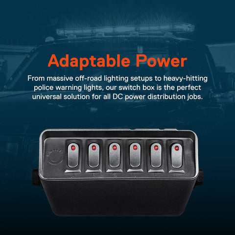 6 Gang 12V Rocker Switch Box with 40 Amp Max, heavy duty aluminum, and 12 AWG wiring shown against vehicle background.