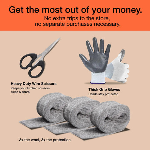 Three Roll Steel Wool Mice Control Kit With Grade Four Thick Excluder Mesh For Gaps In Doors Pipes Weep Holes And Baseboards 2.5 In By 7.5 Ft Includes Gloves And Scissors For Easy Pro Grade Pest Proofing, showing three rolls of steel wool, heavy duty scissors, and protective gloves on tan background.
