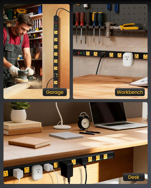 12 Outlet Heavy Duty Metal Power Strip With Surge Protector 15 Foot Extension Cord in garage, workbench, desk setup