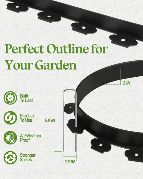 2 Inch Tall No-Dig Plastic Garden Edging Border Kit With 40 Ft Length And 40 Metal Spikes for Lawn Flower Beds, diagram showing dimensions