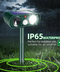 2 Pack Solar Ultrasonic Deer Repellent With Motion Sensor And Bright LED Strobe To Keep Deer Squirrels Raccoons Skunks Cats And Other Critters Off Your Yard IP65 Waterproof Outdoor Deterrent on stake in rain