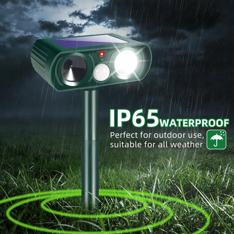 2 Pack Solar Ultrasonic Deer Repellent With Motion Sensor And Bright LED Strobe To Keep Deer Squirrels Raccoons Skunks Cats And Other Critters Off Your Yard IP65 Waterproof Outdoor Deterrent on stake in rain