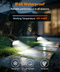 Heavy Duty Solar Spot Lights Outdoor 56 Led With 14 Lenses IP65 Waterproof shining in rain on garden pathway stones.