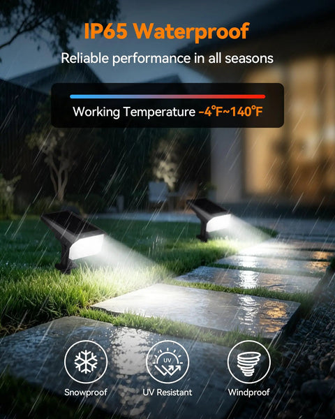 Heavy Duty Solar Spot Lights Outdoor 56 Led With 14 Lenses IP65 Waterproof shining in rain on garden pathway stones.