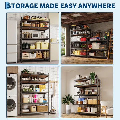 Heavy Duty Five Tier Metal Storage Shelving Unit For Garage with bins, food jars, and tools in various settings.
