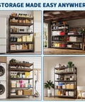 4 Pack Heavy Duty Adjustable 5 Tier Metal Storage Shelves in kitchen and garage settings, showcasing organization and versatility.