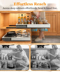 Built Tough Pull Out Cabinet Organizer For Kitchen, displaying smooth gliding shelves holding pots and spices for easy access.